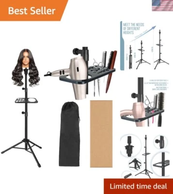 Portable Aluminum Wig Stand Tripod with Multifunctional Tray for Hairdressing - Image 1 of 4