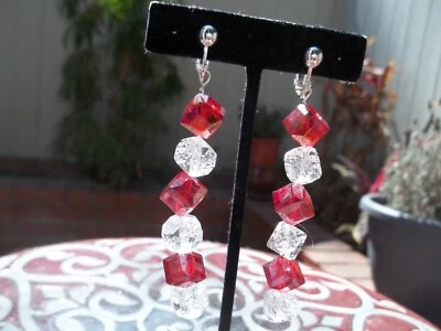Gorgeous Chunky Red Squares & Clear Frosty Square Dangling Clip On Earrings - Image 1 of 4
