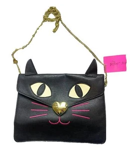 Betsey Johnson Black Cat Clutch Gold Chain Crossbody Envelope Purse NWT - Picture 1 of 11