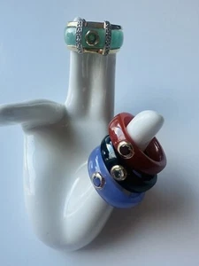 Four Interchangeable Multicolor Jade And Diamond Band sets. 14k Gold Ring Jacket - Picture 1 of 11