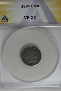 1865  .03  ANACS  VF 20  Three Cent Nickel, Liberty Three Cent Piece - Picture 1 of 2