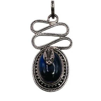 Vintage 925 Solid Sterling Silver Labradorite Snake Pendant Serpent 21 Grams - Image 1 of 4