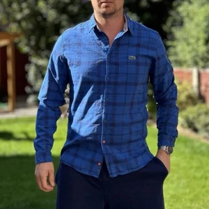 Lacoste Check Shirt Men's Size Medium Chequered Button Up Blue Casual Work Shirt - Picture 1 of 5