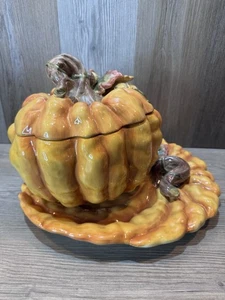 Ceramic Pumpkin and Plate For Thanksgiving or Halloween Serving Spoon Is Chipped - Picture 1 of 24