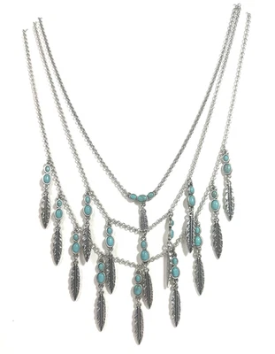 New Lucky Brand Turquoise Bead & Feather Charm Layered Necklace Silver-Tone 19" - Image 1 of 4