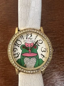 Betsey Johnson Frog Watch Women Gold Tone Pave Bezel Leather Band New Battery - Picture 1 of 9