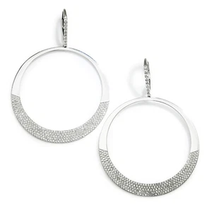 Pave Diamond Dangle Hoop Earrings 14K White Gold 1.38ctw - Picture 1 of 3