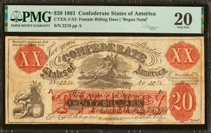 1861 $20 Confederate Fantasy Note, Female Riding Deer CT-XX-1/A3 PMG 20 SCARCE - Picture 1 of 2