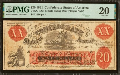 1861 $20 Confederate Fantasy Note, Female Riding Deer CT-XX-1/A3 PMG 20 SCARCE - Image 1 of 2