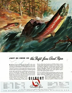 1940 Gilbert Paper Co. Lachs schwimmen vorgelagerte Kunst von Warrington Vintage Anzeige - Bild 1 von 1