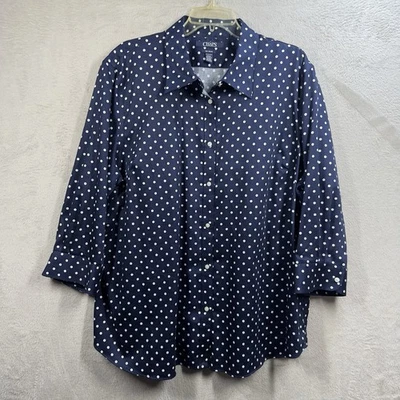 Blusa Chaps Sin Botón Frontal Talla 3X Azul Marino Blanco Lunares Manga 3/4 Foto 1 de 4