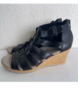 Earth Woodland Sunny Caged Cork Wedge Sandals Womens Size 8.5 Black Shoes - Picture 1 of 6