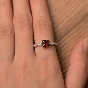 Garnet Red Minimal Ring Natural Gemstone 925 Sterling Silver Women Ring - Picture 1 of 5