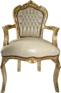 Casa Padrino Barock Esszimmer Stuhl mit Armlehnen Creme Lederoptik Gold - Möbel - Bild 1 von 3