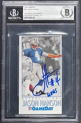 JASON HANSON SIGNED 1992 FLEER GAMEDAY ROOKIE CARD #67 BECKETT AUTO GRADE 10 103 - Image 1 of 2