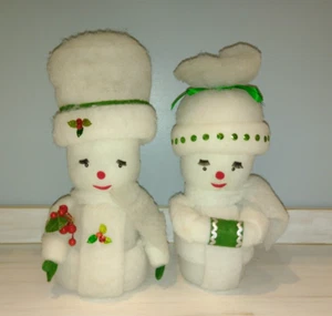 Figure natalizie vintage fatte a mano Mr. & Mrs. Pupazzo di neve in cotone con pipistrello - Foto 1 di 9
