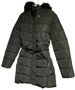 Abrigo acolchado negro H&M para mujer ~ capucha recortada en piel ~ cremalleras plateadas ~ talla pequeña - Imagen 1 de 6