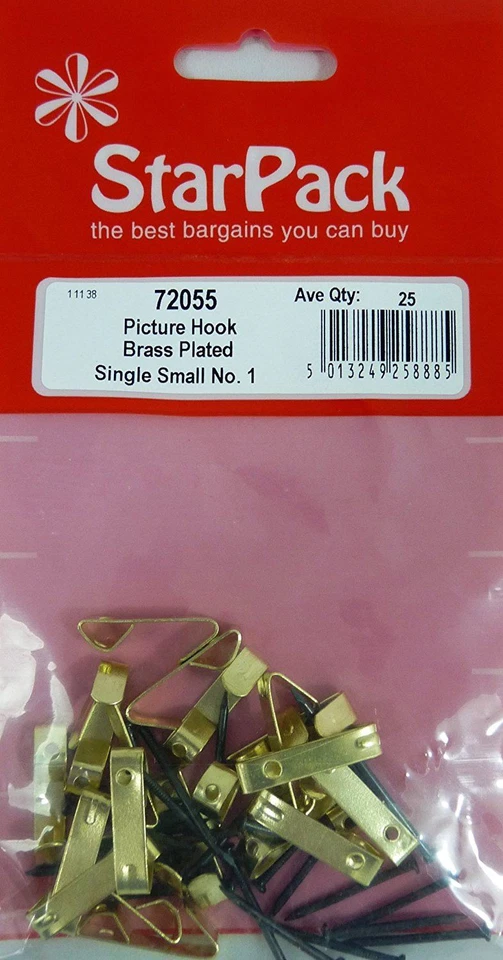 20 Picture Hook Single Small No 1 Brass Plated Hanging Wall Photo Frame Fixing