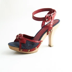 Sandalias Burberry Punta Abierta Azul Denim Rojo Cuero Tacón Alto Mujer EE. UU. 8 UE 38 - Imagen 1 de 7