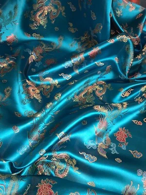 1 mtr turquoise dragon oriental chinese brocade fabric..36” wide (91cm) - Image 1 of 4