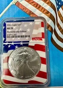 2024 AMERICAN SILVER EAGLE NGC MS 70 "MEMORIAL DAY" LIMITED EDITION FLAG CORE - Picture 1 of 3