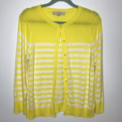 Cárdigan Suéter Ann Taylor Loft Amarillo Blanco Rayas Preppy L Algodón Rayón Lana Foto 1 de 4