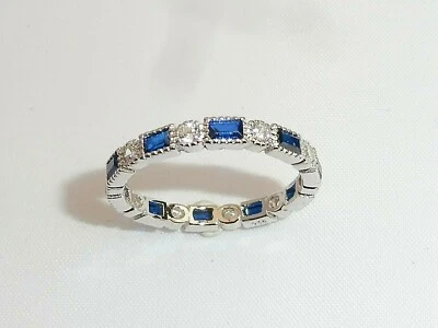 Anillo de eternidad de zafiro blanco azul plata esterlina 925 estilo halo Art Deco para dama Foto 1 de 4