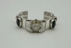 Signed Domed Coral Vintage Native American Navajo Sterling Silver Watch Bracelet - Picture 1 of 10