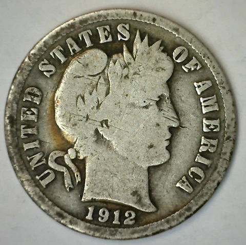 1912 S Silver Barber Dimes 10c US Type Coin Circulated Good Condition 10 Cents Cover