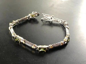 Green Peridot Rectangle Stone Silver and Gold Tone Bracelet - Picture 1 of 5