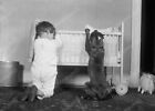 Adorable Child & Dog Pray At Baby Cradle 8" - 10" B&W Photo Reprint