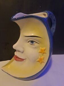 Vintage Bassano Ceramics Italy Moon Face Pitcher Hand Painted 10" Tall
