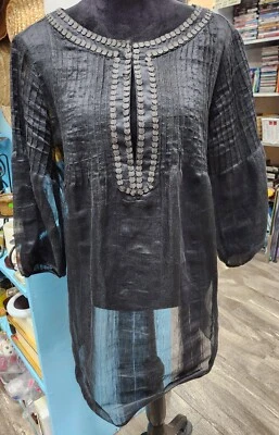 Camisa Blusa Yansi Fugel Mezcla de Lino Transparente Negra Mangas Grandes 3/4 Foto 1 de 4