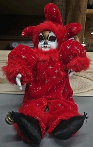 18" PORCELAIN CLOWN DOLL JESTER RED HAIR, HAT STARS - Picture 1 of 3