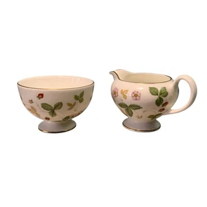 Wedgwood Wilde Erdbeere Offen Zuckerdose Milchkännchen Set 22 Karat Goldrand - Bild 1 von 11