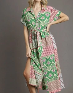 Abito midi Umgee patchwork stampa mista taglia M rosa verde floreale boho spiaggia artistico - Foto 1 di 15