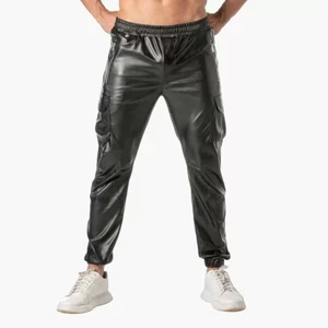 TOF Paris Kinky Cargo Sweat Pants For Men Black Wet Look Faux Leather Joggers - Picture 1 of 8