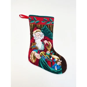 Vintage Nadelspitze Wolle Weihnachtsstrumpf Weihnachtsmann Tasche Spielzeug - Bild 1 von 6