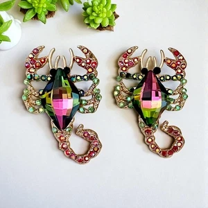 1.75" Long Iridescent Vitrail & Multicolor Rhinestones Scorpion Post Earrings - Picture 1 of 4