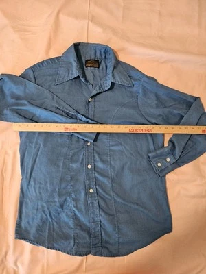 Vintage 70s Sears Body Shop Long Sleeve Men Shirt Fortrell PolyCotton Blue Large - Image 1 of 4