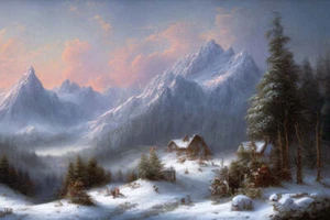 Schneebedeckte Berglandschaft mit Bäumen im Winter Kunstdruck - 12x18 Zoll - Bild 1 von 1