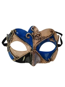 Blue Black Small Venetian Masquerade Mardi Gras Mask Elastic Strap - Picture 1 of 3