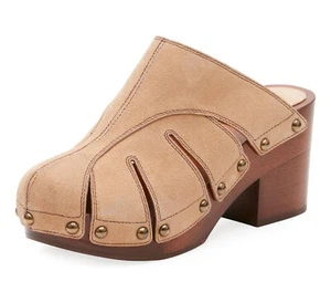 CHLOE SHOES QUINTY ZOCCOLI LEGNO BEIGE PELLE SCAMOSCIATA BORCHIATA $770 taglia 36 US 5,5 - Foto 1 di 9