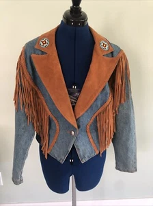 Vintage Frontier Collection Womens Wester Denim Fringe Beaded Jacket Size Medium - Picture 1 of 17