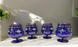 4er Set Bohemian Czech Art Glas Brandy Schnaps Kobaltblau Gold -vergoldet- - Bild 1 von 15