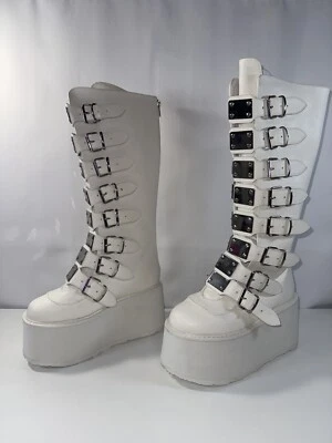 Demonia White Size 7 - 3" Platform Knee High Boot Buckle Straps, Back Metal Zip - Image 1 of 4