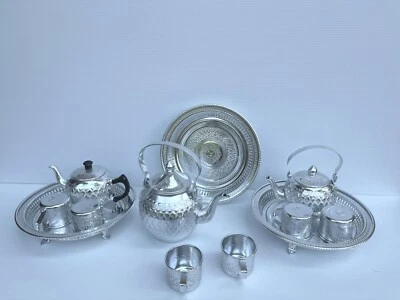 Vintage Style Thai Design Silver Tray Aluminium Tea Kettle Small Set &2cups Gift - Image 1 of 4