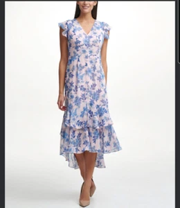 Tommy Hilfiger Gr. 16 rosa blau Blumen Babydoll Stufen skurril V-Ausschnitt Midikleid - Bild 1 von 12