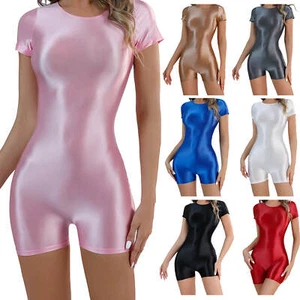 Damen glänzender Wetlook Satin Catsuit kurzärmeliger Trikot kurzer Bodysuit Overall - Bild 1 von 23