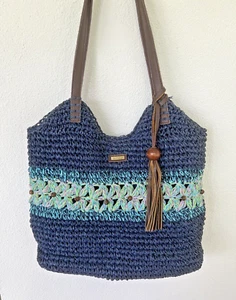 Sun N Sand Beaded Beach Bag Tote NAVY BLUE Lined NWOT - Picture 1 of 5